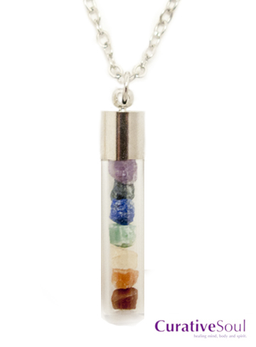 Chakra Stones Vial Bottle Necklace - Silver - Click Image to Close