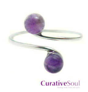 Dual Amethyst Cabochon Sterling Silver Ring - Adjustable - Click Image to Close