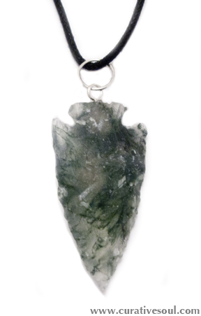 Moss Agate Arrowhead Necklace - Black Cord - Click Image to Close