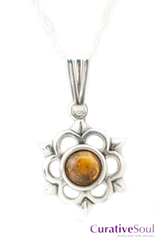 Amber Cabochon in Sterling Silver Flower Necklace - Click Image to Close
