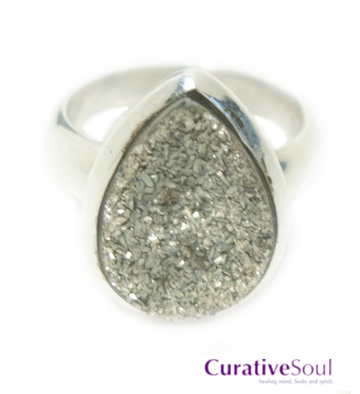 Pyrite Teardrop Druzy Sterling Silver Ring - Click Image to Close