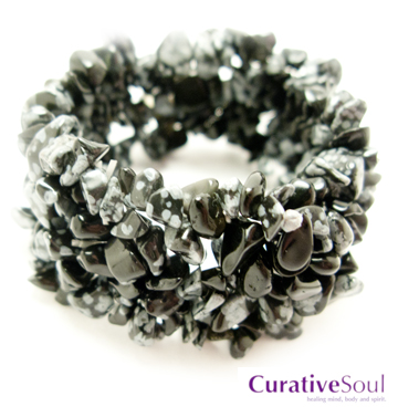 Snowflake Obsidian Stone Chip Cuff Stretch Bracelet - Click Image to Close