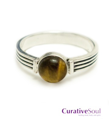 Tiger Eye Round Cabochon Antiqued Sterling Silver Ring - Click Image to Close
