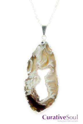 Tan Agate Geode Druzy Slice Necklace - Silver