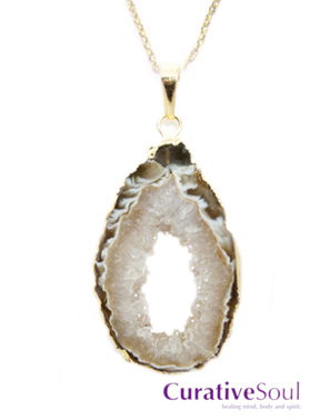 Tan Agate Geode Druzy Slice Necklace - Gold