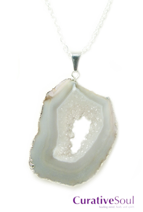 Gray Agate Geode Druzy Slice Necklace - Silver