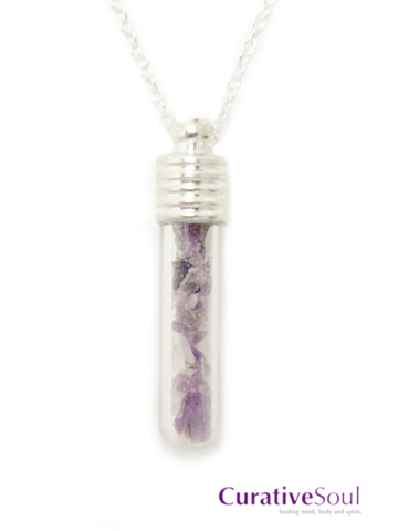 Amethyst Crystal Vial Bottle Necklace - Silver