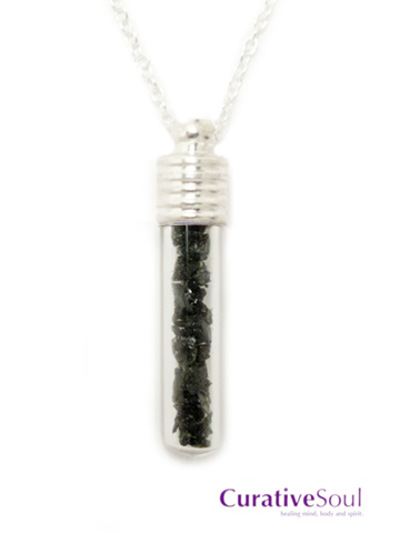 Black Tourmaline Vial Bottle Necklace - Silver