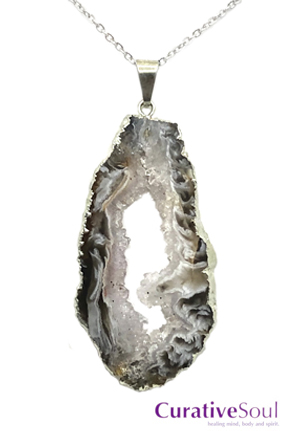 Smoky Agate Geode Druzy Slice Necklace 111 - Silver