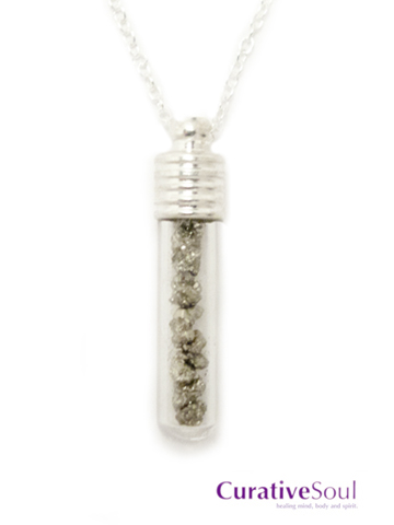 Pyrite Crystal Vial Bottle Necklace - Silver