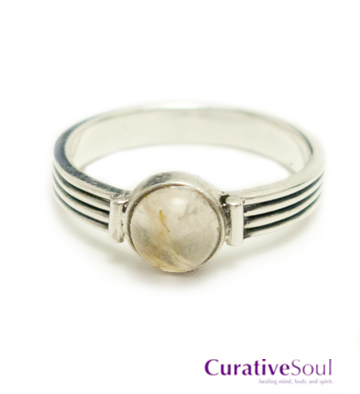 Rutilated Quartz Round Cabochon Antiqued Sterling Silver Ring